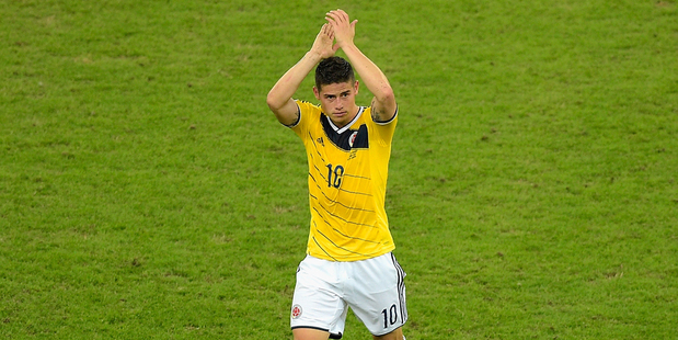 Colombian star James Rodriguez leaves the field after scoring a double in Colombia's 2-0 win over Uruguay. Photo / Getty Images