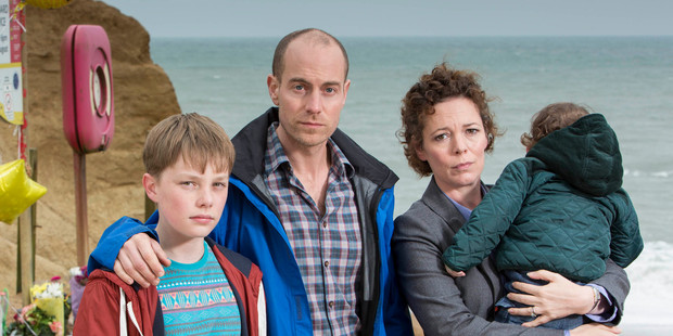 A killer in their midst: Joe Miller (Matthew Gravelle, centre) was revealed as the murderer of a schoolmate of Tom's (Adam Wilson, left) in a case investgated by wife Ellie (Olivia Colman, right).
