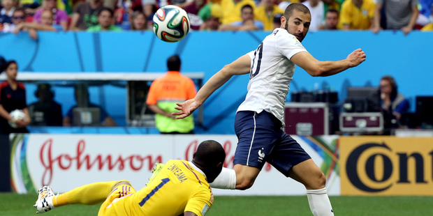 Nigeria's goalkeeper Vincent Enyeama makes a save from France's Karim Benzema during the World Cup round of 16. Photo / AP
