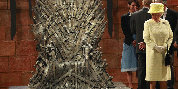Britain's Queen Elizabeth visits the throne room at the set of the Game of Thrones TV series in Titanic Quarter, in Belfast Northern Ireland. Photo / AP