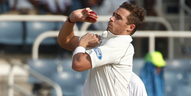 Tim Southee bowls during the second day of their first cricket Test match against West Indies. Photo / AP