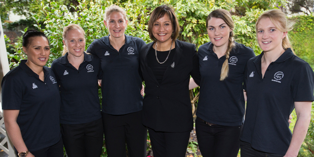 Silver Ferns coach Waimarama Taumaunu (centre) stands with Liana Leota, Laura Langman, Casey Kopua, Ellen Halpenny and Shannon Francois. Photo / Greg Bowker.