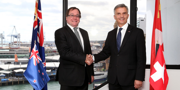 NZ Minister of Foreign Affairs Hon Murray McCully (left) and Swiss Foreign Minister Didier Burkhalter meeting in Auckland. Photo / Jason Oxenha