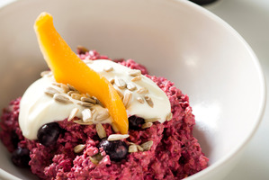 Beetroot Bircher muesli with a shot of beetroot juice from Giles Luncheonette. Picture / Babiche Martens.