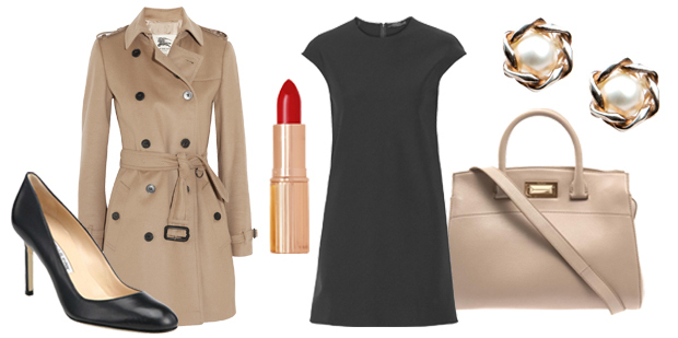 Timeless essentials: Black Manolos, trench coat, red lipstick, LBD, Beige Italian handbag, pearl earrings. Yawn!