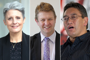 Internet Party leader Laila Harre, left, Labour leader David Cunliffe and Mana leader Hone Harawira.