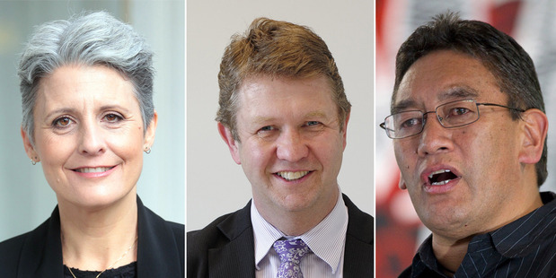 Internet Party leader Laila Harre, left, Labour leader David Cunliffe and Mana leader Hone Harawira.