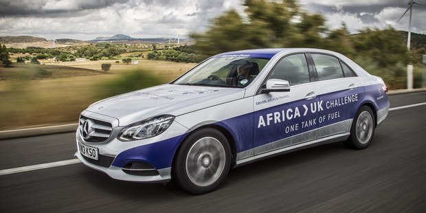 A Mercedes-Benz E 300 Hybrid drove from Tangier in North Africa to Goodwood in England on one tank of fuel. Photos / Supplied