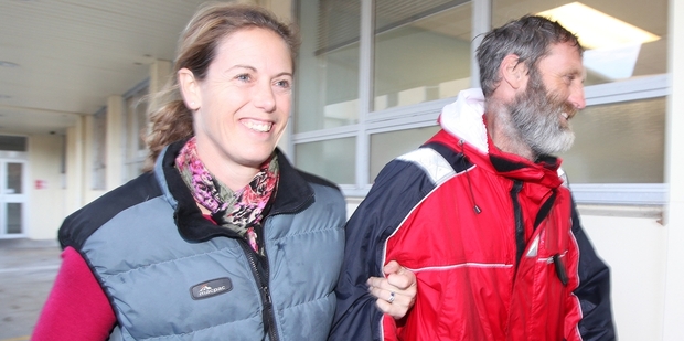 Scott Donaldson with his wife Sarah after being rescued off the Taranaki coast. Photo / Glenn Jeffey