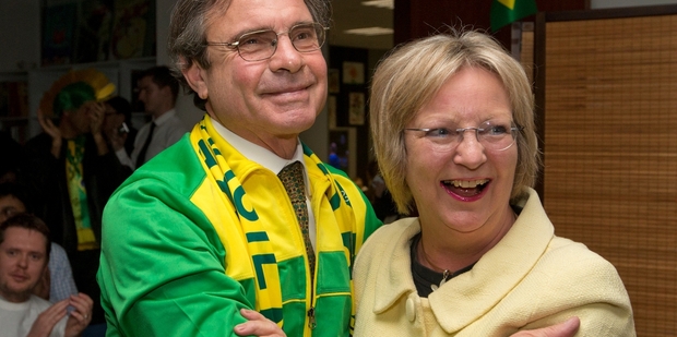 Brazil’s Ambassador to NZ, Eduardo Gradilone, hugs German ambassador Anne-Marie Schleich after the semifinal. Photo / Mark Mitchell