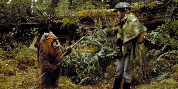 Princess Leia addresses an Ewok in Return of the Jedi.