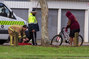 Emergency services help after a young girl impaled herself on the handle bar of a bicycle. Photo / Michael Craig