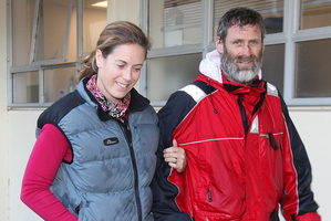 Transtasman solo kayaker Scott Donaldson with his wife Sarah after being rescued. Photo / Glen Jeffrey