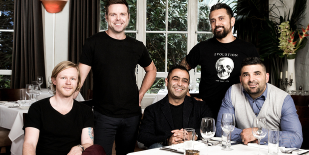 At The Grove: Mikey Newlands, current chef Ben Bayly, Sid Sahrawat, Michael Meredith and Michael Dearth. Photo / Babiche Martens.