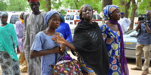 Some of the escaped Kidnapped girls of the government secondary school Chibok, arrived for a meeting with Borno state governor, Kashim Shettima, in Maiduguri, Nigeria. Photo / AP