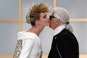 Ashleigh Good with Karl Lagerfeld at the Chanel Haute Couture show in Paris. Picture / AP Images
