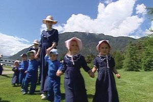 Children dressed in Cooperite clothing walk at Gloriavale. Photo / TVNZ file