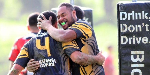 Otangarei Knights player Franko Newton is congratulated by a teammate for a try which was denied last weekend against Hikurangi. Otangarei will be hoping they can claim back second place this weekend. Photo / Alex Woods