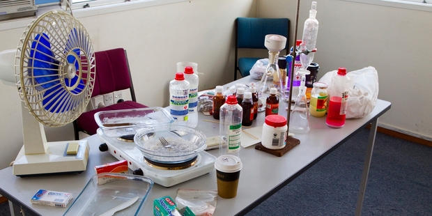 A reconstruction of a P lab, also known as clandestine laboratories or clan labs. Photo/File