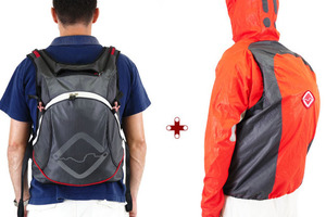 A backpack and Jacket in one that keeps you and your belongings dry from the rain. Photo / FUNNELL - EJECT | WEAR