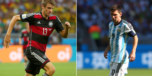 Thomas Muller and Lionel Messi will lead their team's attack in Monday morning's World Cup final. Photo / Getty