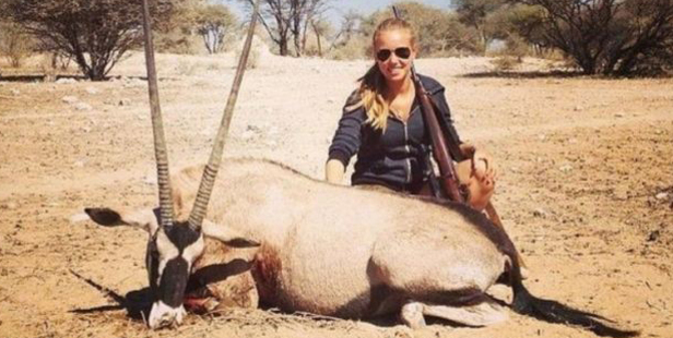 Axelle Despiegelaere pictured with an Oryx gazelle while on a hunting trip in Africa.
Photo / Facebook