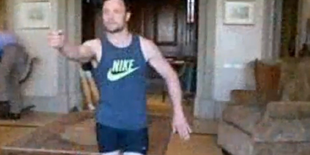 A still from the leaked video shows Oscar Pistorius - on his stumps - reenacting the night his girlfriend Reeva Steenkamp was killed. Photo / YouTube