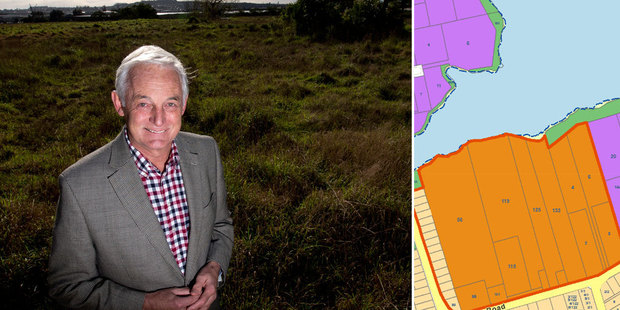 John Sax stands at the site of a planned 1600-house development on Walmsley Rd in Mangere. Right, the site on plans. Photo / NZ Herald