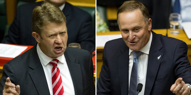 Labour leader David Cunliffe, left, and Prime Minister John Key on the attack in Parliament. Photos / Mark Mitchell