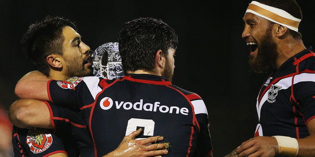The Warriors celebrate a try during their big win over the Eels. Photo / Getty