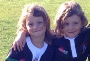 Zarah and Alexis Thomson, 7, in their Waitemata Rugby Team jerseys. Fifteen were stolen from a car outside a Tikipunga business. Photo/Supplied