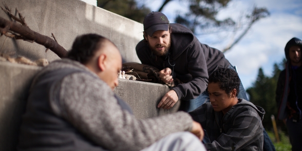 James Napier Robertson with Cliff Curtis and James Rolleston on the set of The Dark Horse.
