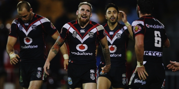 Smiles from the Warriors after their scrum ploy resulted in a try against the Eels. Photo / Getty Images