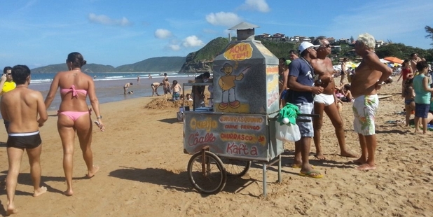 A vendor sells kebabs at a beachside barbecue to make a living.