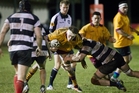 Saracens XV flanker Tom Burns splinters the Hawke's Bay XV defence during last night's Magpies trial in Waipukurau. Photo/Glenn Taylor Saracens XV flanker Tom Burns splinters the Hawke's Bay XV defence during last night's Magpies trial in Waipukurau. Photo/Glenn Taylor
