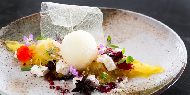 Pineapple Carpaccio Yuzu sorbet, sesame meringue, lychee, pink peppercorn dessert currently on the menu at Ebisu. Photo / Babiche Martens.