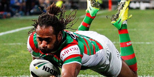 Lote Tuqiri of the Rabbitohs dives over the line to score a try during the NRL match between the Parramatta Eels and the South Sydney Rabbitohs in Sydney. Photo / Getty Images