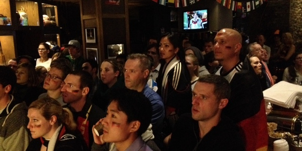Football fans watching the football World Cup final at The Fox in Auckland. Photo / Sarah Ivey