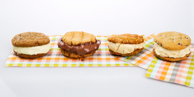 Wooden Spoon Boutique Freezery's ice cream sandwiches, L-R: The Happy Snappy, PBC, Brown Sugar Bomb and The Classic. Picture / Babiche Martens.