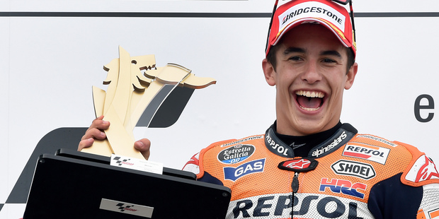 Spain's Marc Marquez celebrates his German MotoGP win. Picture / AP