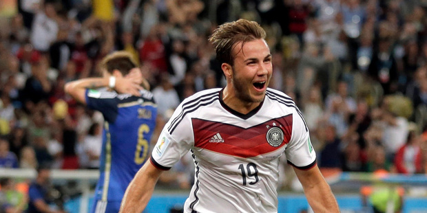 Germany's Mario Goetze celebrates after scoring the winning goal in extra time. Photo / AP