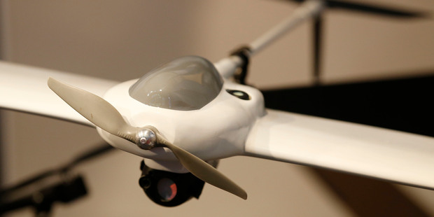 An AeroVironment Wasp AE small unmanned aircraft system displayed at the Farnborough International Air Show, Farnborough, England. Photo / AP