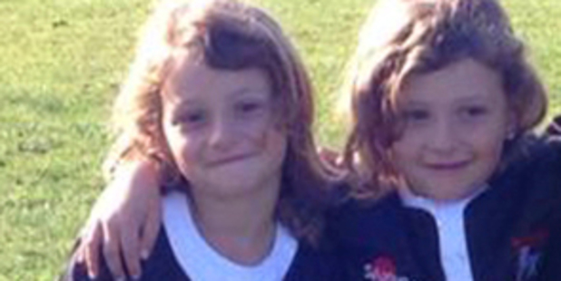 Zarah and Alexis Thomson, 7, in their Waitemata Rugby Team jerseys. Fifteen were stolen from a car outside a Tikipunga business. Photo/Supplied