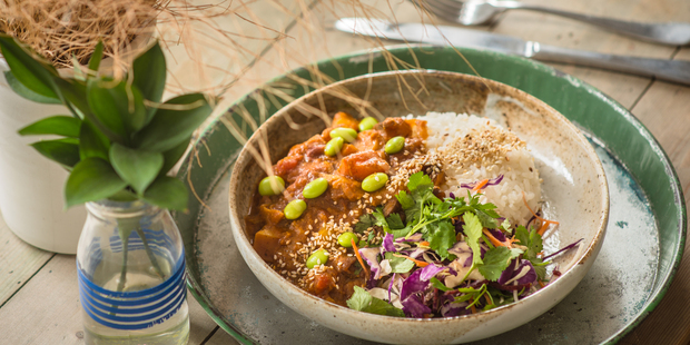 Kokako Cafe's Japanese Curry - homemade spice mix, miso, mirin and greens. Photo / Ted Baghurst