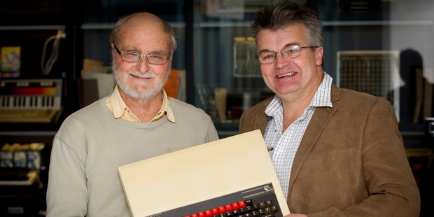 Dave Jaggar (right) holds the computer he revolutionised after his university thesis was given top marks by Professor Emeritus Bob Doran. Photo / Sarah Ivey