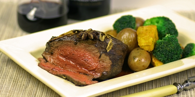 Great accompanied by baby red jacket potatoes, plus 4cm cubes of pumpkin and large broccoli florets, roasted with the venison.