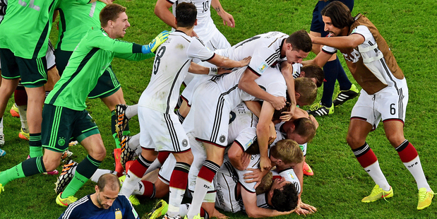 German players celebrate after winning the World Cup final. Photo / AP