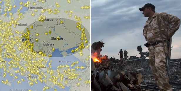 Many flights appear to be skirting around the eastern and western edges of Ukraine | The debris at the crash site. Images / Flightradar24.com/AP