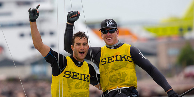 Peter Burling and Blair Tuke celebrate their world title. Photo/ Mick Anderson, www.sailingpix.dk