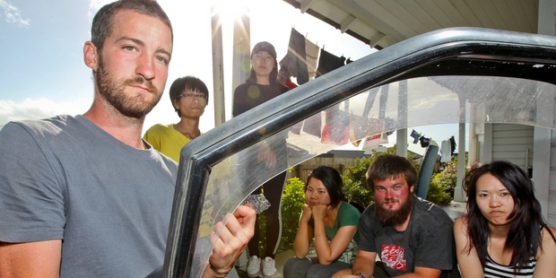 BROKEN: Six of the seven tourists Benoit Thoury (left), Jake Xu, Heeyeong Oh, Hsieh Chivhsiang, Paul Wiszinski and Krista Wu, recall the thefts at Maraetotara Falls this week. PHOTO/GLENN TAYLOR